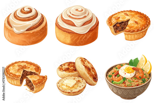 Cinnamon roll sweet bun iced pastry meat pie savory pie pork pie toasted muffin buttered muffin rice bowl shrimp rice bowl