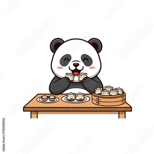 A cute cartoon panda bear happily eating delicious dim sum dumplings at a wooden table.