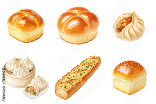 Soft golden bread rolls and filled dumpling assortment arranged on transparency background with warm appetizing texture and savory aroma