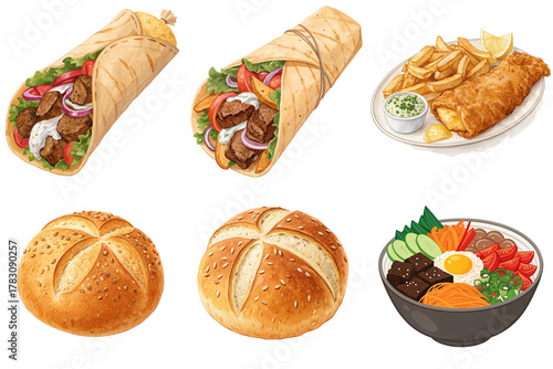 Meditable wrap sandwich with falafel and vegetables, wrap sandwich with grilled meat and vegetables, fried fish with chips and tartar