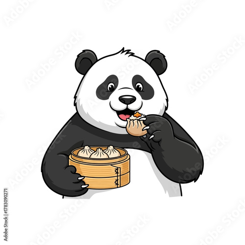 A cute cartoon panda happily eating a delicious dim sum dumpling from a bamboo steamer basket.