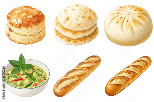 Buttery scone pita bread steamed bun green curry soup baguette crusty bread bakery assortment savory pastry
