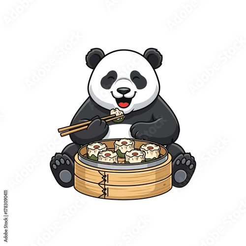 A cute cartoon panda happily eating dim sum from a bamboo steamer with chopsticks.