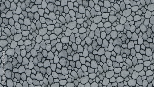 Detailed seamless natural stone texture composed of irregular light grey pebbles, tightly arranged with dark grout, perfect for rustic architectural backdrops