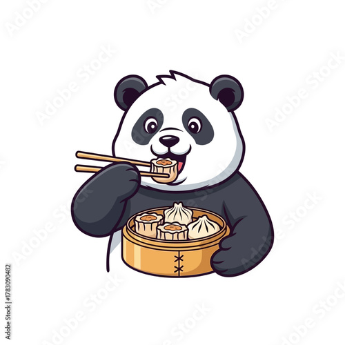 A cute cartoon panda bear happily eating delicious dim sum dumplings from a bamboo steamer with chopsticks.