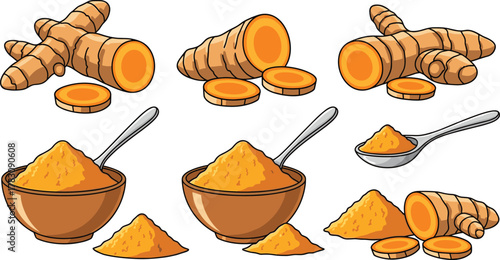 Cartoon turmeric root, sliced turmeric, turmeric powder bowl, herbal spice illustration, cooking ingredient, traditional medicine, flat vector art, isolated food icons
