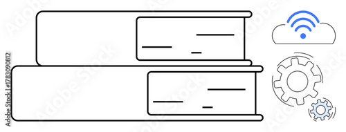 Stack of books paired with a cloud icon and gears, signifying the fusion of traditional learning with modern technology. Ideal for education, innovation, progress, cloud computing, knowledge, digital