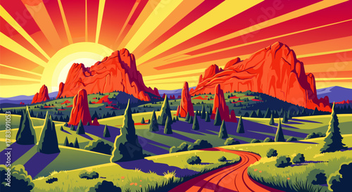 Vibrant Landscape Illustration Majestic Mountains, Sunlit Skies, and Serene Scenery Depicted in a Colorful Style