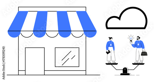 Storefront with striped awning, cloud above, and balanced figures exchanging ideas on a scale. Ideal for entrepreneurship, innovation, teamwork, cloud computing, scalability, business growth startup