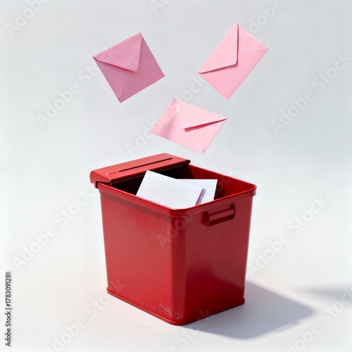 Pink Envelopes Falling into Red Trash Bin on Clean Studio Background