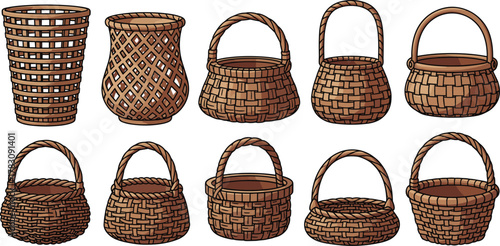 Cartoon woven baskets, traditional craft, handmade container icons, basket shapes, weaving patterns, handle designs, flat vector illustration, rustic style, isolated set