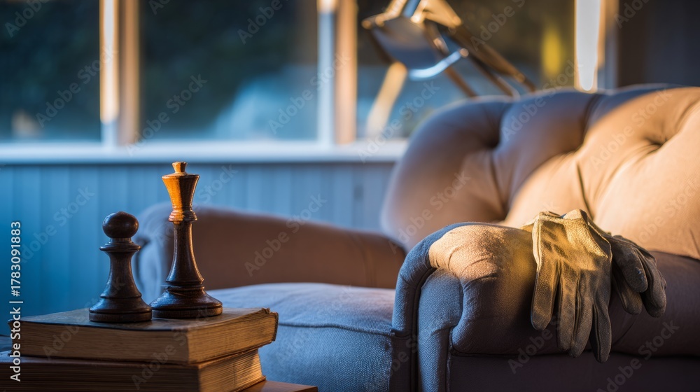 Obraz premium A symbolic still life of timeless objects: a well-used book, gardening gloves, and a chess piece in warm golden light. 