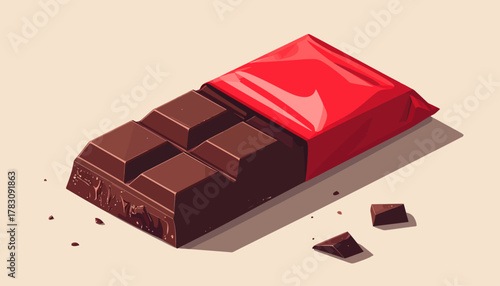 Isometric illustration of a chocolate bar, partially unwrapped, with pieces.