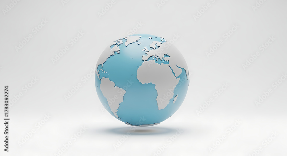 Fototapeta premium A stylized globe with blue oceans and white continents on a white background in a studio shot