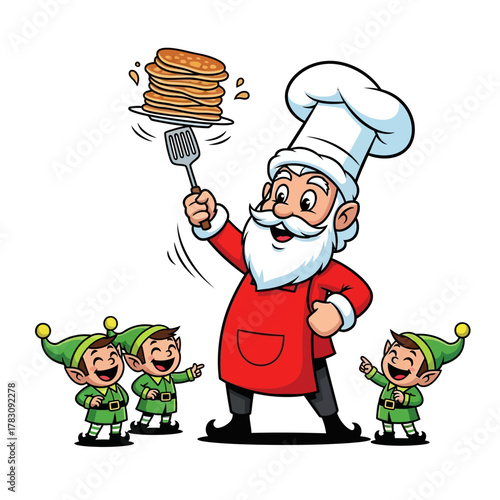 Jolly santa claus cartoon character chef cooking delicious pancakes for happy elves vector illustration isolated on white background winter holiday season