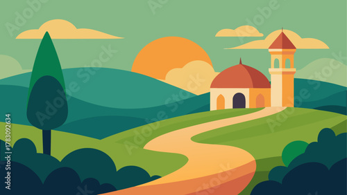 Landscape with building and winding path