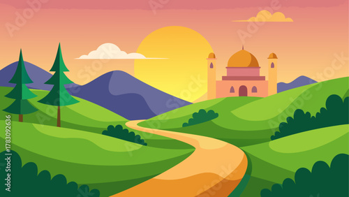 Cartoon landscape with mosque and sunset