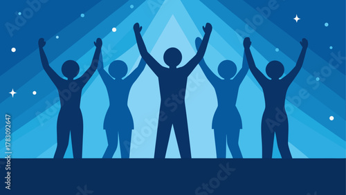 Silhouettes of people with raised hands up