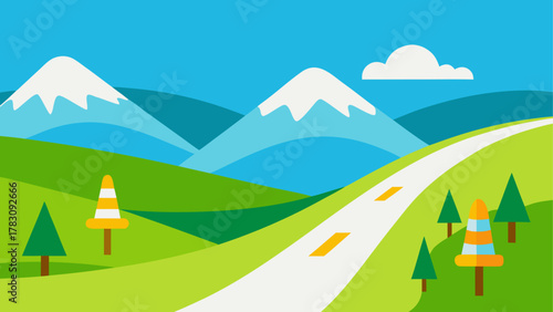 Cartoon road landscape with mountains view