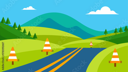 Cartoon road landscape with cones and trees