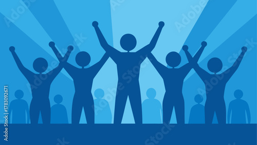 Silhouettes of people with raised arms up