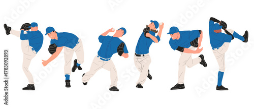 Set of baseball pitchers in blue uniforms throwing ball in different pitching poses, professional athletes in action, flat vector illustration on white background