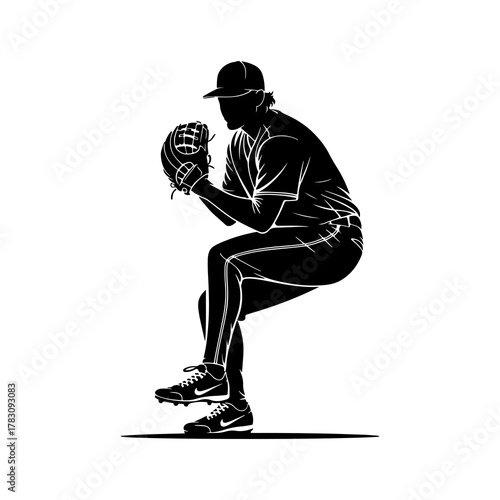 Canvas Print Silhouette of a Silhouette of a baseball or softball player infielder fielder ready stance vector