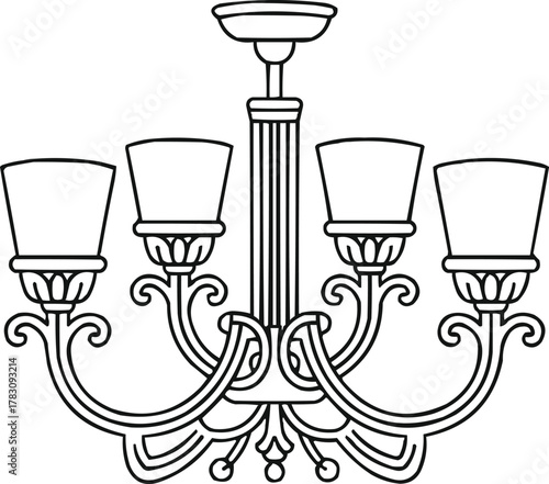 Deco Style Chandelier Outline Four Light Elegant Vector