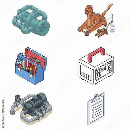 Isometric illustration set of various workshop and garage equipment.