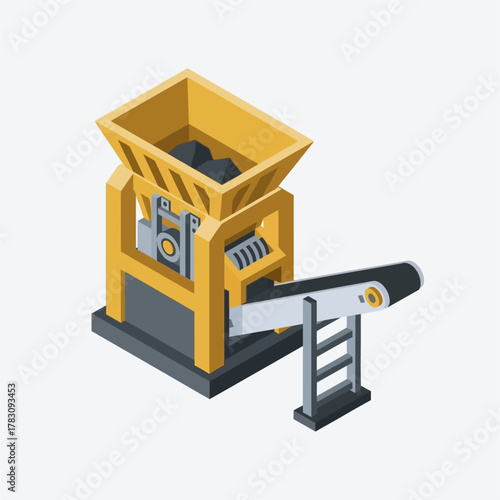 Isometric industrial rock crusher machine with conveyor belt.