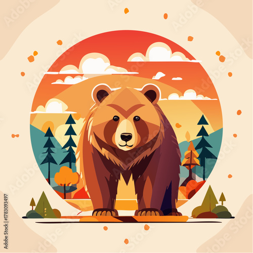 Illustration of a brown bear standing in front of a vibrant circular landscape with trees, mountains, and a sunset, set against a beige background with orange dots.