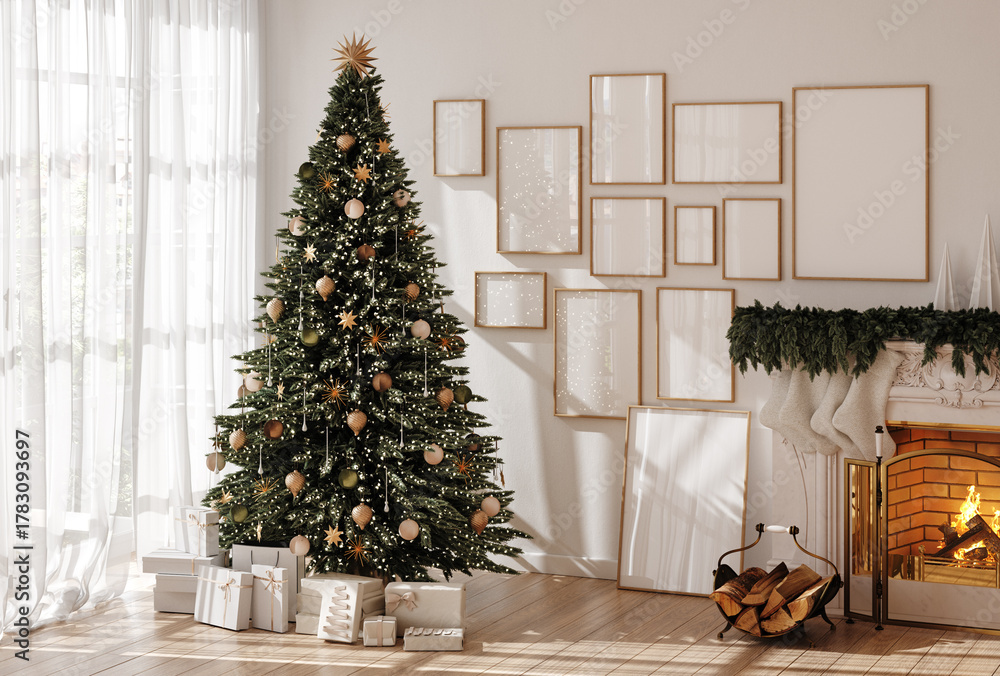 Obraz premium Christmas Scandinavian interior. Poster frame mockup in white room with Christmas tree,gifts and fireplace, 3d render