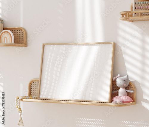 Poster frame mockup close up in Scandi-Boho children room interior, shelf with soft toy, pencils and beads, 3d render