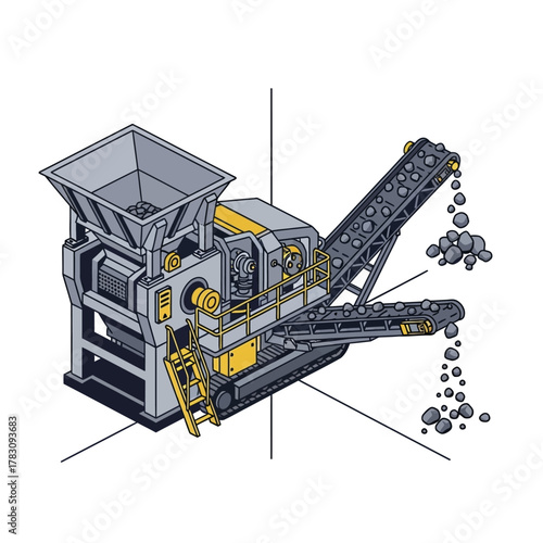 Isometric vector illustration of a mobile rock crusher machine.