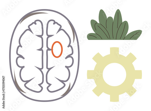 Stylized brain with highlighted area, green foliage, yellow gear. Ideal for health, psychology, growth, innovation, cognition neuroscience education. Simple flat metaphor