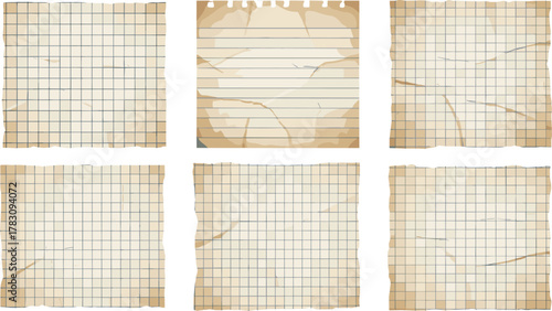 PriDistressed paper icon vector set—aged grid and lined sheets with torn edges, creases, and crumples for creative compositions