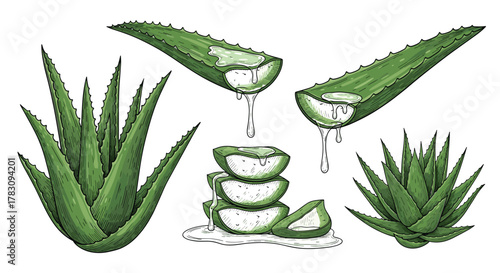 Botanical illustration set of fresh aloe vera, featuring whole plants, cut leaves with dripping gel, and sliced pieces, representing natural health and beauty ingredients.