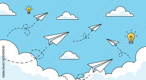 Paper airplanes fly through a bright blue sky with white clouds, leaving dotted trails, accompanied by glowing lightbulbs representing new ideas.