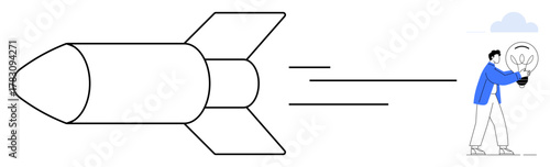 Man carrying a glowing light bulb running toward a rocket in motion, symbolizing innovation, teamwork, creativity, progress, motivation, startup ideas, and future goals. Simple flat metaphor