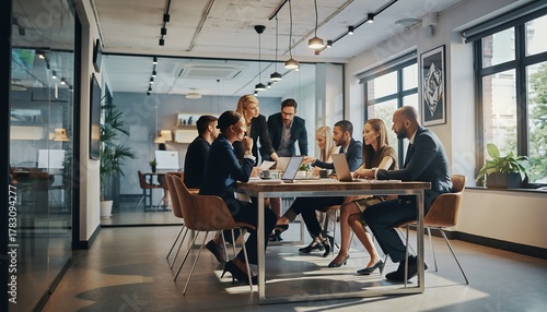 Business Team Meeting in Modern Office with Diverse Professionals Collaborating Around Table