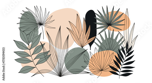 Modern abstract botanical illustration with diverse tropical leaves and organic shapes.