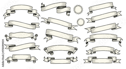 A comprehensive set of vintage-style blank banners, ribbons, and labels in various shapes, perfect for classic design elements and graphic assets.