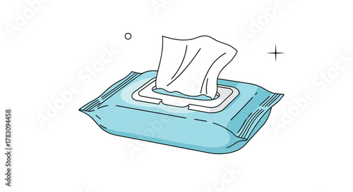 A fresh white wet wipe is being pulled out of a light blue rectangular package, ready for use.