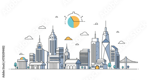 Modern city skyline in a minimalist line art style featuring various buildings, clouds, and a data pie chart icon.