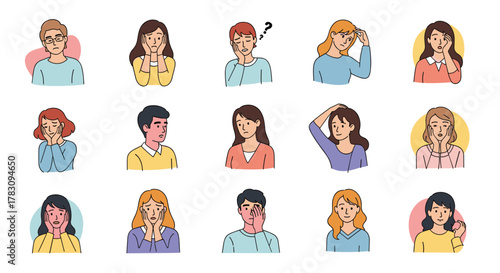 Collection of diverse cartoon characters depicting various feelings of discomfort, stress, worry, confusion, and physical pain like headaches.