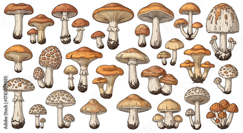 A diverse collection of hand-drawn wild mushrooms and fungi, showcasing various shapes, sizes, and species.