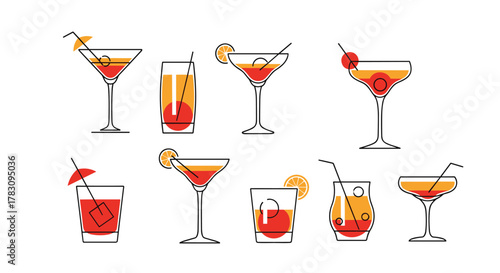 A collection of vibrant, simply illustrated cocktail drinks in various glasses, featuring fruit garnishes and straws, ideal for summer menus.