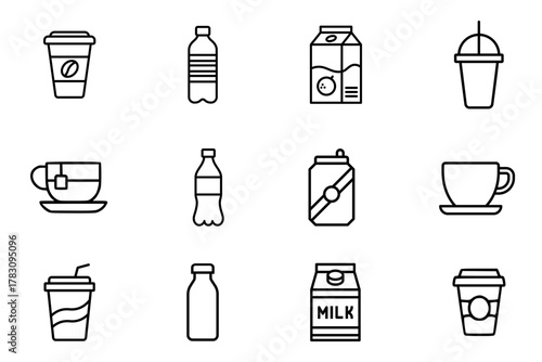 Drinks icon set on transparent background. Symbol of canned drink, juice, coffee cup, tea cup, milk, soft drink, mineral water, and drink cup. Drinks outline editable vector stock