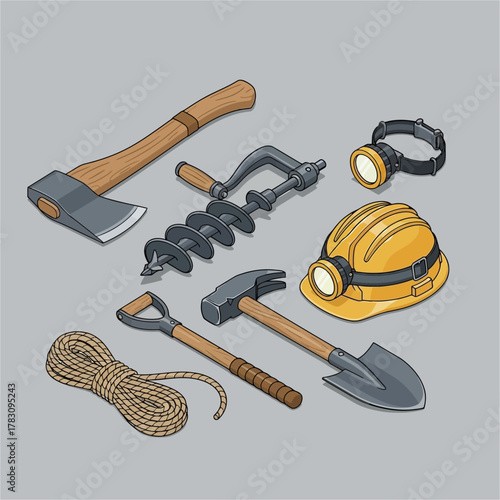 Collection of mining and construction tools for exploration and work.