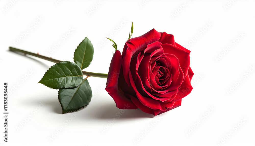 Fototapeta premium A close-up shot of a vibrant red rose with green leaves and stem, isolated on a white background.